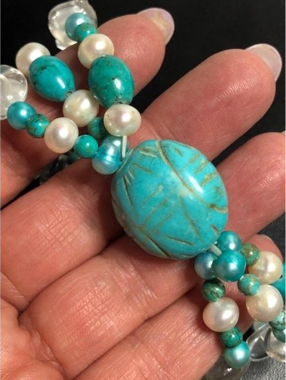 B1107 Turquoise Freshwater Pearl Rock Crystal stretch bracelet Carved